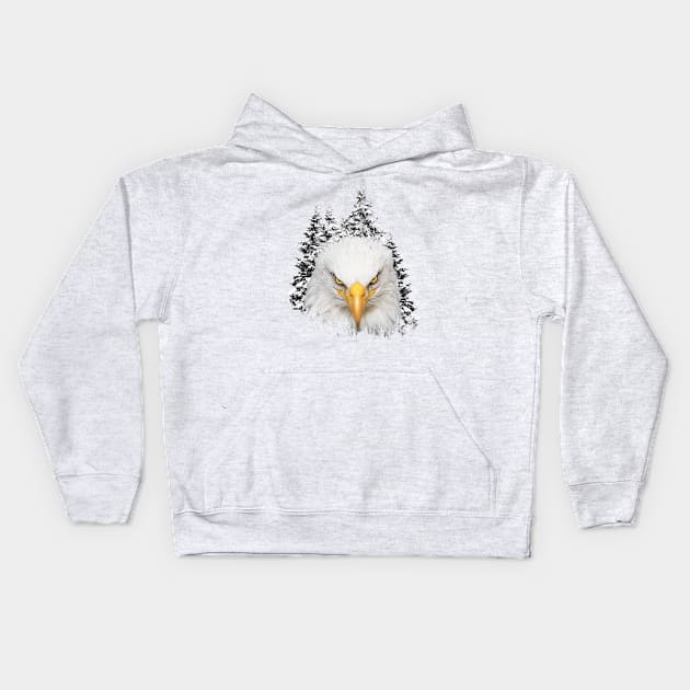 Great bald eagle head in background of snowy pine trees Kids Hoodie by Ariela-Alez